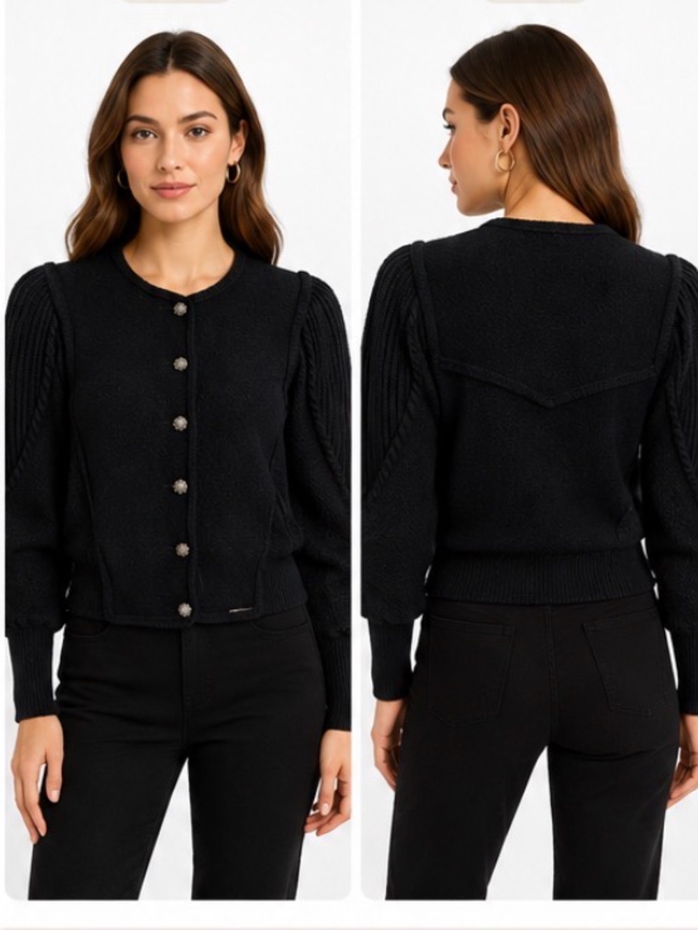 GEIGER Austria Vintage
100% Wool Cardigan Sweater 38/6 Black Puff Sleeve Jacket
